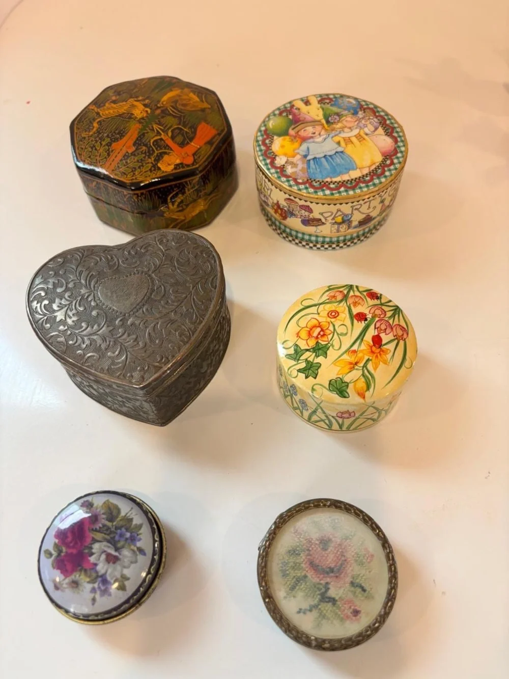 Vintage Box Lot- Kashmiri Papier Mache, Mary Engelbrecht, Heart Velvet, Floral